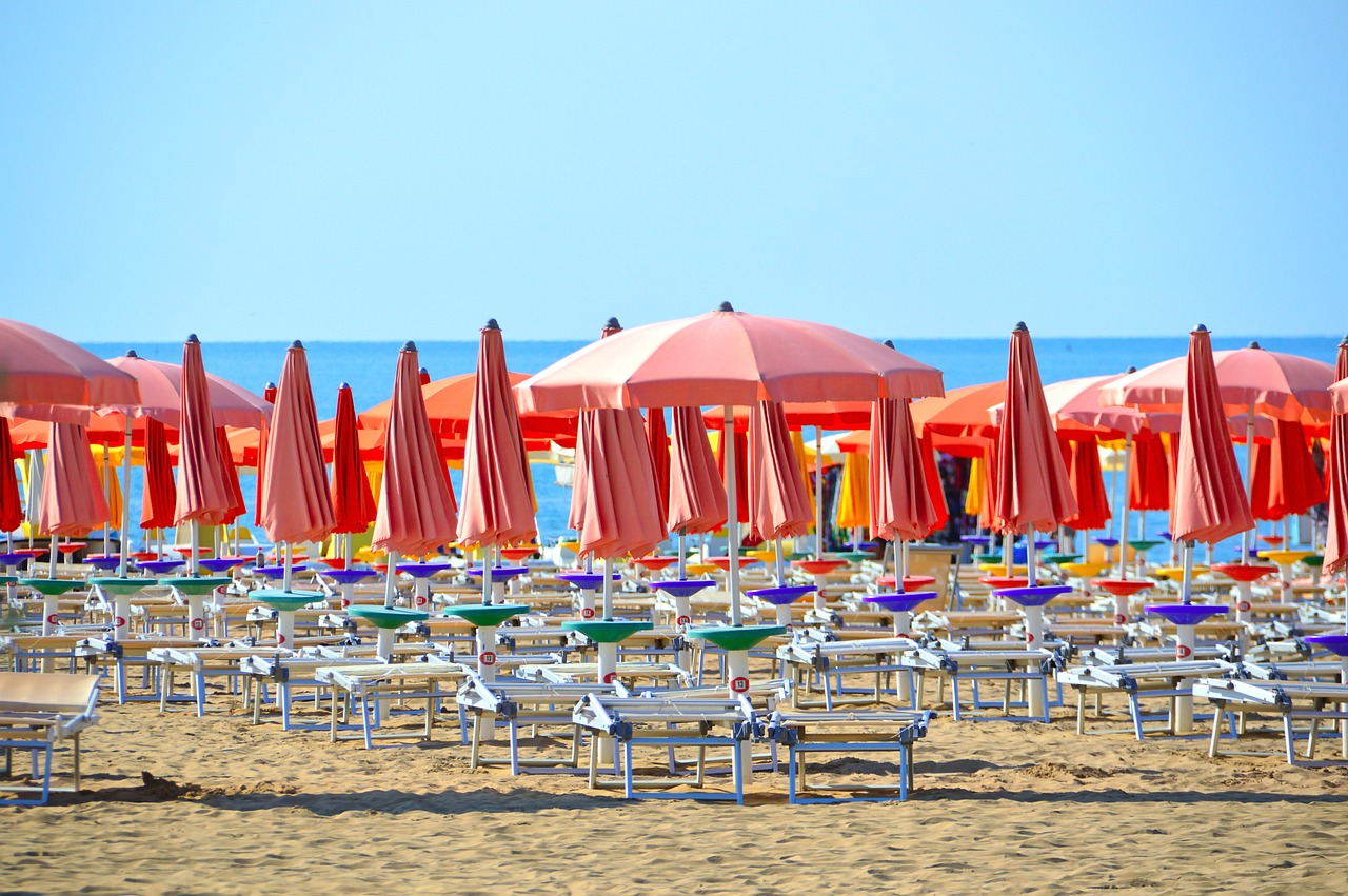 beach, sun umbrellas, water